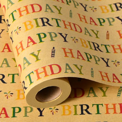 Sikiweiter Happy Birthday Wrapping Paper Roll - 17" x 33 ft - Kraft Paper with Colorful Happy Birthday Design (Kraft Birthday 2) - color: Kraft Birthday 2