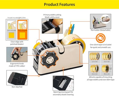 [TENDO°] TENDO Multi-Section Tape Dispenser, Custom Width Tape Cutter with 4 Cutting Sections, Built-in Safety Blade, Ergonomic Grip for Packing and Office Use, ZO-508(Beige) - color: Beige