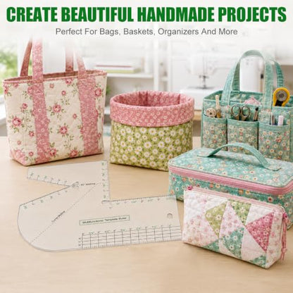 2 Pack Boxed Bag Making Template, 7.5x10 Inch Acrylic Patchwork Ruler Sewing Tools Set for Beginners, 3mm Thick Curve Notion Bag and Zip Pocket DIY Stencils, Transparent