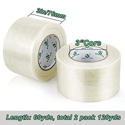 BOMEI PACK Strapping Tape 3 Inch, Heavy Duty Fiber Reinforced Packing Tape, 60yds 5.9Mil, Total 120yds