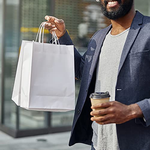 White Paper Bags with Handles Bulks 10 X 5 X 13 [50 Bags]. Ideal for Shopping, Packaging, Retail, Party, Craft, Gifts, Wedding, Recycled, Business, Goody and Merchandise Kraft Bag