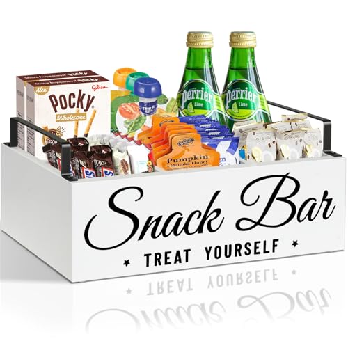 Snack Organizer for Countertop, Wood Pantry Storage Bins with Handles, Snack Bar Organizer for Pantry Shelf, Kitchen, 4 Compartment Food Container Snack Box, Pantry Organizer for Snacks, Chips - color: White