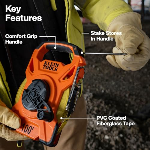 Klein Tools 94100RT 100-Foot Open Reel Tape Measure, PVC-Coated Fiberglass Tape with Carabiner and Hook, 3:1 Planetary Gear System, Metal Stake, Double-Sided Measurements - size: 100-Foot