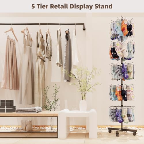 Retail Display Racks 5 Tier Spinning Display Stand, Movable Shop Spinner Rack with Hooks, Retail Display Stand for Jewelry Keyring Hats Socks Toys (Black) - color: Black