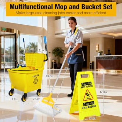 35Qt Commercial Mop Bucket with Side Press Wringer on Wheels Yellow