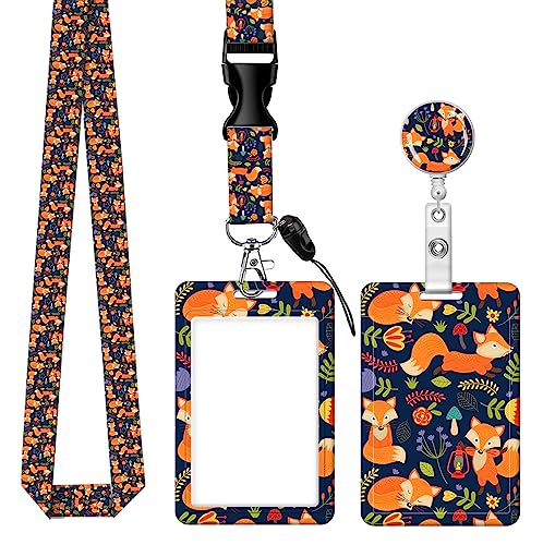 BLOCIT ID Badge Holder with Lanyard - Fashionable ID Card Holders with Retractable Lanyards - Soft Fiber Metal Clip Sturdy Buckle for Key Wallet - Work Nurse Teacher (Cute Flower Fox) - color: Cute Flower Fox