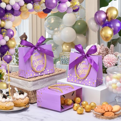 EQOREIIN 24Pcs Small Thank You Gift Bags with Handles & Bows, Purple/Gold - color: Purple, size: 24pcs