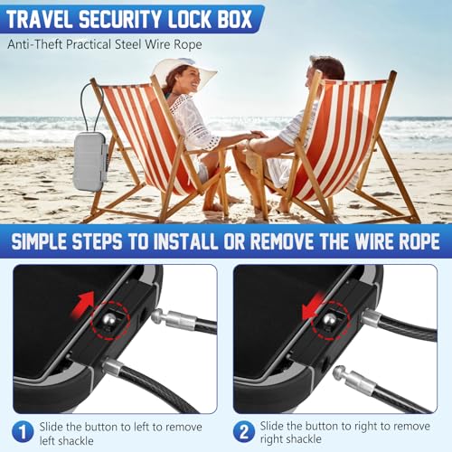 Portable Travel Safe Lock Box 4-Digit Combination Mini Safe Box, Anti-Theft Beach Security Lockbox Waterproof Small Lockable Box with Removable Wire Rope for Dorm Beach Hotel Car Home Office - color: Grey