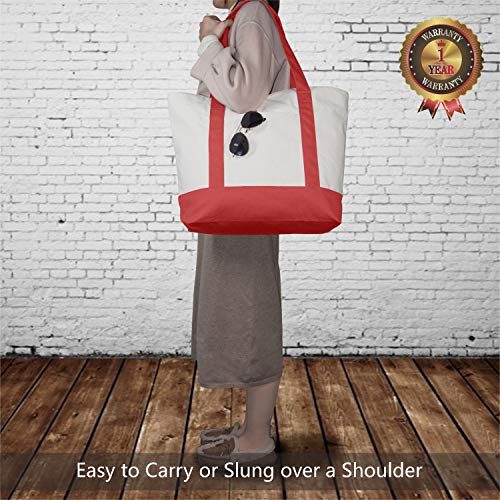 TOPDesign 1-Pack Canvas Tote Bag with an External Pocket, Reusable Grocery Shopping Bag, Top Zipper Closure, Daily Essentials (Red/Natural) - color: Red/Natural
