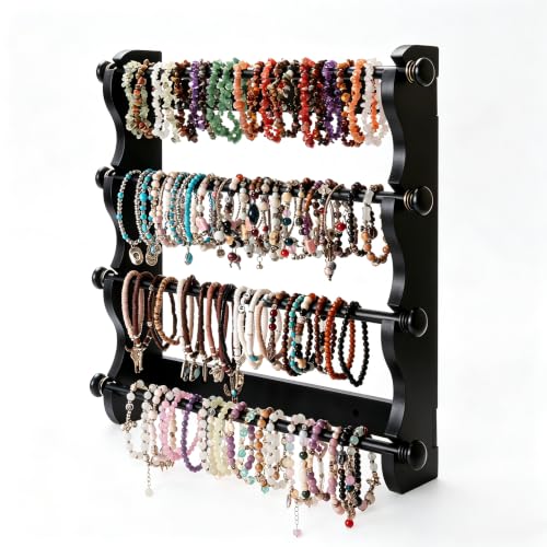 4-Tier Wooden Bracelet Holder Wall-Mounted – Black Jewelry Display Stand - style: Wall-Mounted–Black