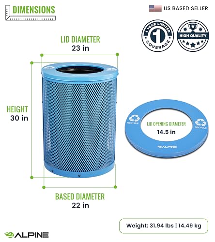 Alpine Outdoor Trash Can 36 Gallon Diamond Steel Commercial Metal Waste Bin with Leak Proof Liner, Heavy Duty Steel Mesh Design, Flat Wide Open Top Lid for Parks, Streets, and Public Spaces-Blue