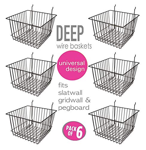 Only Garment Racks Deep Wire Storage Baskets For Gridwall, Slatwall and Pegboard - Black Finish - Dimensions: 12" x 12" x 8" Deep - Economically Sold in a Set of 6 Baskets