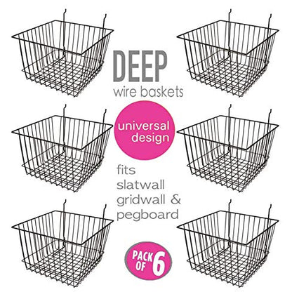 Only Garment Racks Deep Wire Storage Baskets For Gridwall, Slatwall and Pegboard - Black Finish - Dimensions: 12" x 12" x 8" Deep - Economically Sold in a Set of 6 Baskets