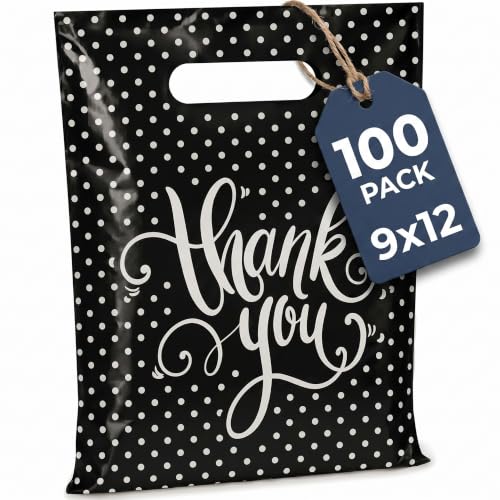 9x12 Small Thank You Bags for Small Business with Die-Cut Handles - color: Black, size: 9x12