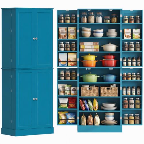 HOMCOM 65" Kitchen Pantry Storage Cabinet 16 Door Shelves Blue - color: Blue, size: 23.6" W x 13.8" D x 65.4" H