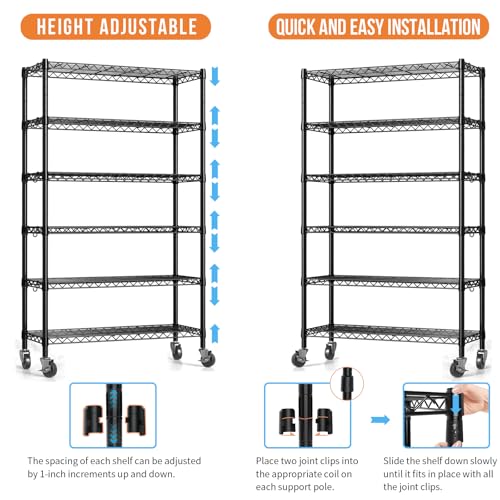 Hodonas 2300LBS Wire Shelving Unit with Wheels, Black, 36"W x 14"D x 75"H