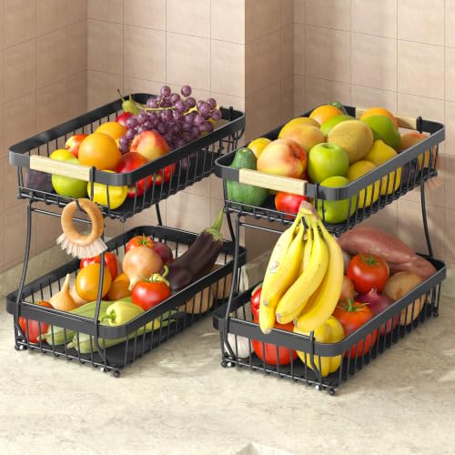 Sevenblue 2 Pack Fruit Basket with Banana Hangers, Detachable Metal Bowl - color: Black, size: 2-Pack