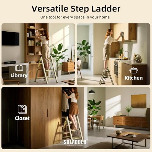 SOLADDER 3 Step Ladder, Folding Step Stool, Brown Gold - color: Brown Gold, size: 3 Step
