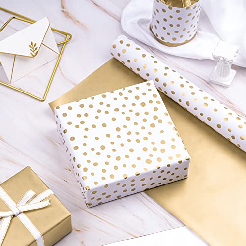 WRAPAHOLIC Reversible Gold Wrapping Paper - Mini Roll - 17 Inch X 33 Feet - Gold Print and Delicate Polka Dots Design for Birthday, Christmas, Wedding, Baby Shower - color: Gold, size: 17 inch x 33 feet