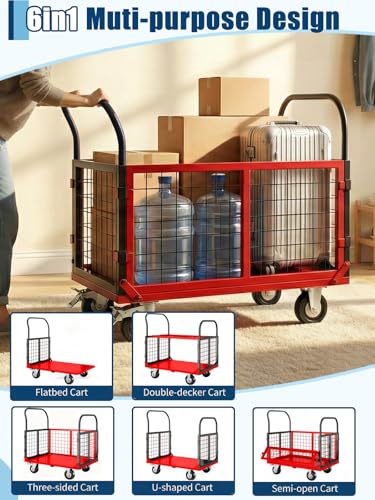 Garvee 6-in-1 Platform Truck Cart, 1800lbs Capacity Flatbed Cart with Cage - color: Black Red