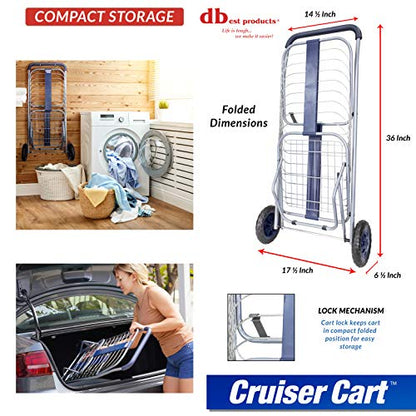 Cruiser Cart Shopping Cart Grocery Rolling Folding Laundry Basket on Wheels Foldable Utility Trolley Compact Lightweight Collapsible - color: Navy, style: 2-Wheel