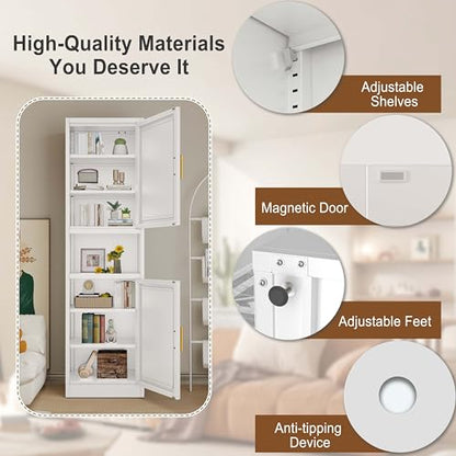 pozdeg 67" Tall Narrow Bathroom Storage Cabinet, White Metal Pantry Cabinet - color: White, size: 15.8"D x 19.7"W x 67"H