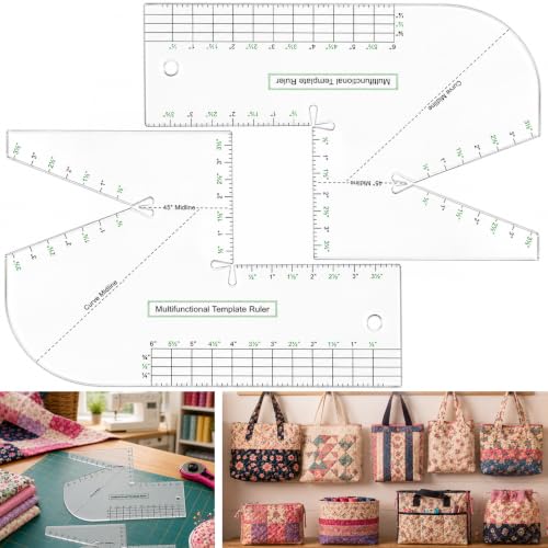 2 Pack Boxed Bag Making Template, 7.5x10 Inch Acrylic Patchwork Ruler Sewing Tools Set for Beginners, 3mm Thick Curve Notion Bag and Zip Pocket DIY Stencils, Transparent