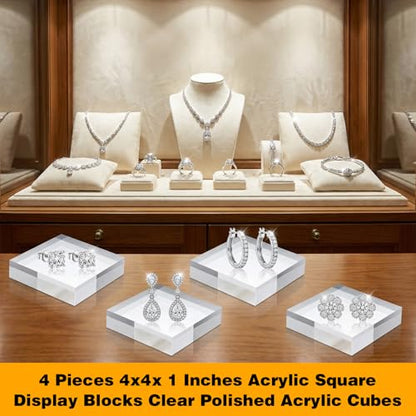 4 Pcs Acrylic Display Block, 4 x 4 x 1 Inch Clear Polished Square Cube Riser Pedestal Stand for Jewelry Rings Cake Perfume Ornaments Collection