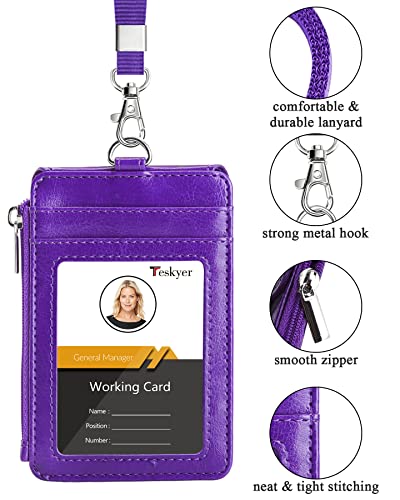 Teskyer Leather ID Badge Holder with Lanyard, Lanyard Wallet, Purple - color: Purple, size: 3.1" x 4.7"