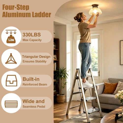 HISMOCAL 4 Step Ladder, Folding Step Stool, 330 lb Aluminum with Wide Steps - color: Golden, size: 4 Step