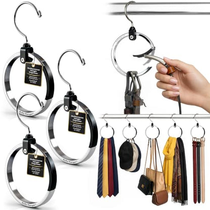 Rolly Hanger® Premium Closet Organizer, Rotating Aluminum Ring Hanger with 360° Swivel Hook, Space Saving Accessory Holder for Belts, Ties, Hats, Scarves, Purses & Handbags | Closet Organizer (3 Pack) - size: 3 Pack