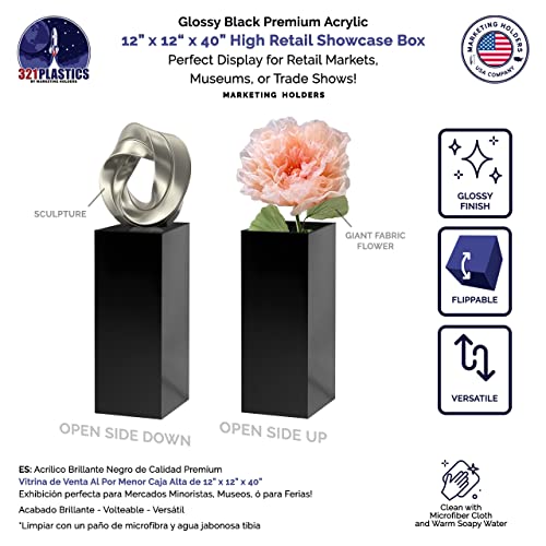 Tall Display Cube 12" x 12" x 40" No Lid Glossy Black Acrylic Pedestal Art Sculpture Flowers Pillar Column Prop Post Stand Display Box by Marketing Holders - size: 12"w x 12"d x 40"h black