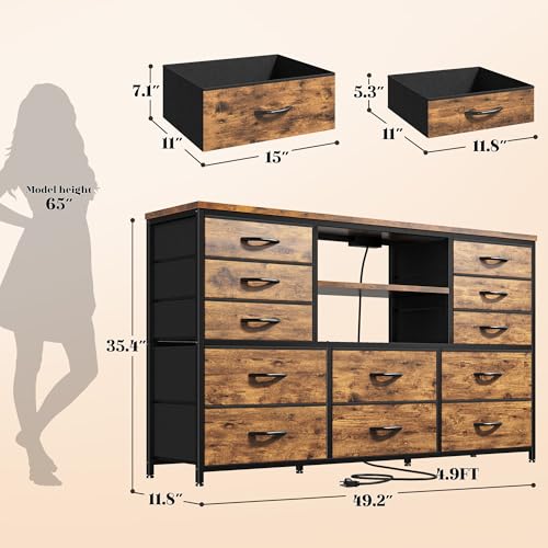 EnHomee Dresser for Bedroom with LED Lights & Charging Station - color: Rustic Brown