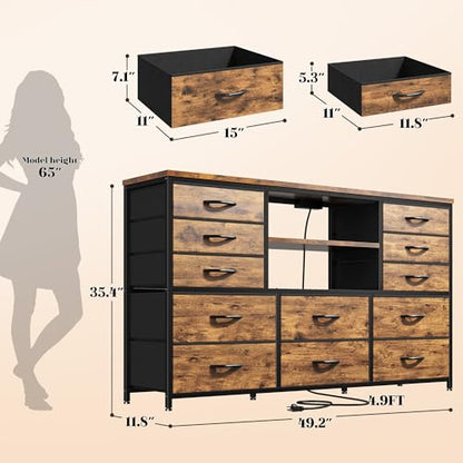 EnHomee Dresser for Bedroom with LED Lights & Charging Station - color: Rustic Brown