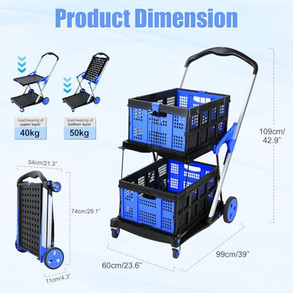Foldable Shopping Cart, Heavy Duty Collapsible Cart with Wheels, 198 lbs Capacity, Compact Fold to 4.33", Aluminum Frame & Removable PP Wheels, Includes 2 Storage Boxes (Blue)