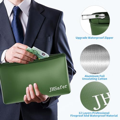 6400℉ Fireproof Money Bags with Zipper,Cash Safe Pouch,11''x6.3'' - color: Green