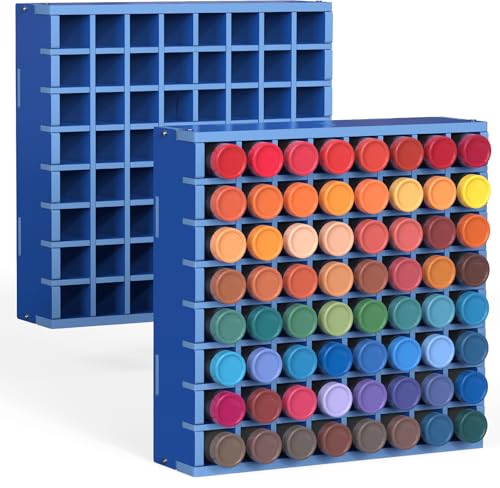 Krafetto 2 Pack 64-Grid Paint Organizer for 2 Oz Bottles, Wall Mount, Blue - color: 2pc blue paint rack