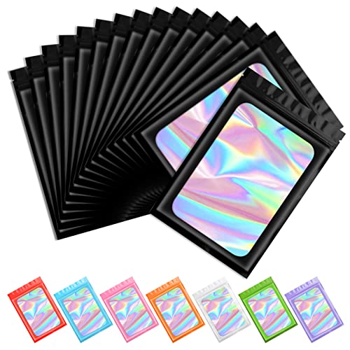 Funfery 100pcs Black Mylar Holographic Bags-Resealable Zipper&Clear Window - color: Black, size: 4 x 6 Inch