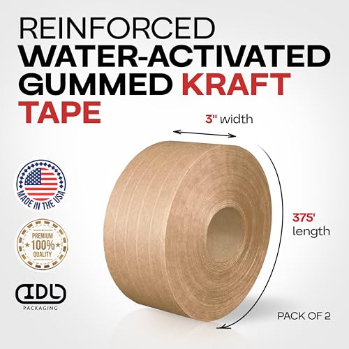 IDL Packaging 3" x 375' Water-Activated Kraft Gummed Tape, 70lb (2-Pack) - color: Brown, 70 lbs