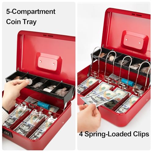 Jssmst Metal Cash Box with Money Tray and Lock, Portable Cash Drawer, 11.8" - color: Red Code-A