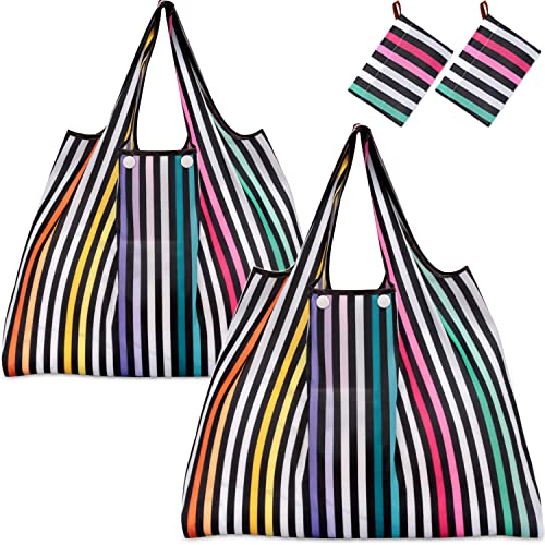KINGMAS Reusable Grocery Bags, Eco-Friendly Folding Tote Shopping Bag fits in Pocket, Washable Waterproof Nylon Pouch Bags - color: Color Stripe