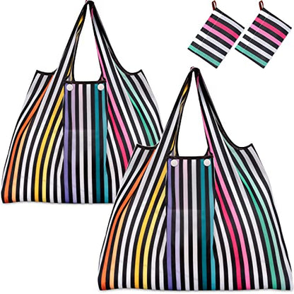 KINGMAS Reusable Grocery Bags, Eco-Friendly Folding Tote Shopping Bag fits in Pocket, Washable Waterproof Nylon Pouch Bags - color: Color Stripe
