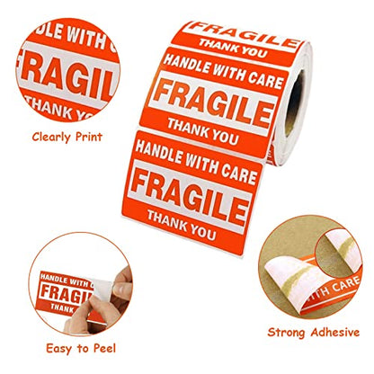 SJPACK 1000 Fragile Stickers 2 Rolls 2'' x 3'' Fragile - Handle with Care - Thank You Shipping Labels Stickers (500 Labels/Roll) - size: 2 Rolls