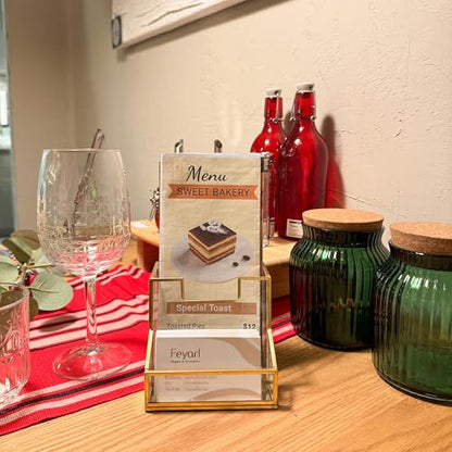 Feyarl Gold Glass Brochure Holder Pamphlets Cards Literature Holder Flyer for 4" Trifold Holder Glass Display Stand with Business Card Holder for Brochures Magazines Literatures Display Countertop