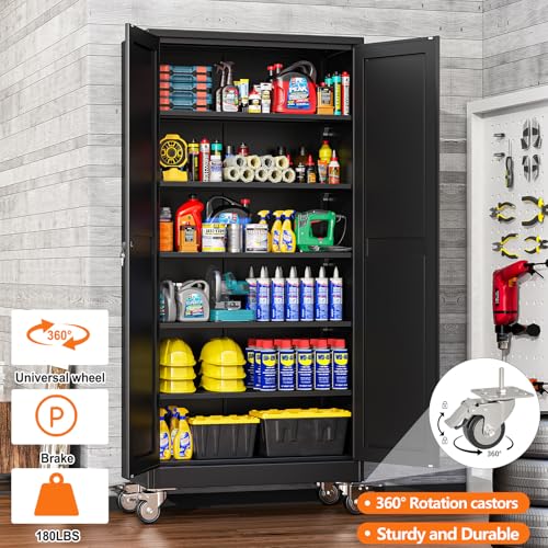 pozdeg 73.6" Black Lockable Rolling Metal Garage Storage Cabinet - color: Black, size: 17.7"D x 35.4"W x 73.6"H