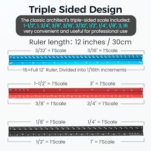 Rena Chris Architectural Scale - 12" Aluminum Triangular Scale Ruler (Red) - color: Red