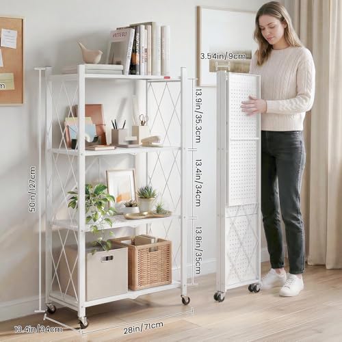 DEANIC 4 Tier Foldable Storage Shelves with Wheels, Large Capacity Shelving Unit, Freestanding Metal Wire Shelf Rack, No Assembly Organizer Rack for Garage Kitchen, Basement, Pantry(White) - color: White