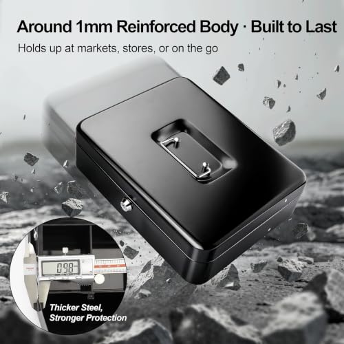 Jssmst Cash Box with Key Lock - 1mm Thick Metal Money Box for Garage Sales, Yard Sales and Petty Cash, Portable Cash Drawer with Coin Tray & Spill-Proof Foam Coin Cover, 4 No-Pinch Bill Clips,11.8'' - color: Black Key