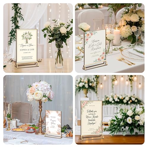 14 Pack Acrylic Sign Holder 4x6 Gold Frames, Wedding Table Number Holders Double Sided Vertical Clear Display Stand, Picture Holders for Tables, Menus, Flyers, Party and Office Decor