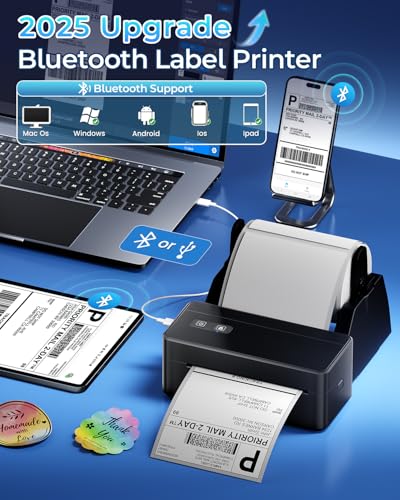 Bluetooth Shipping Label Printer 4x6 with Label Holder, Black